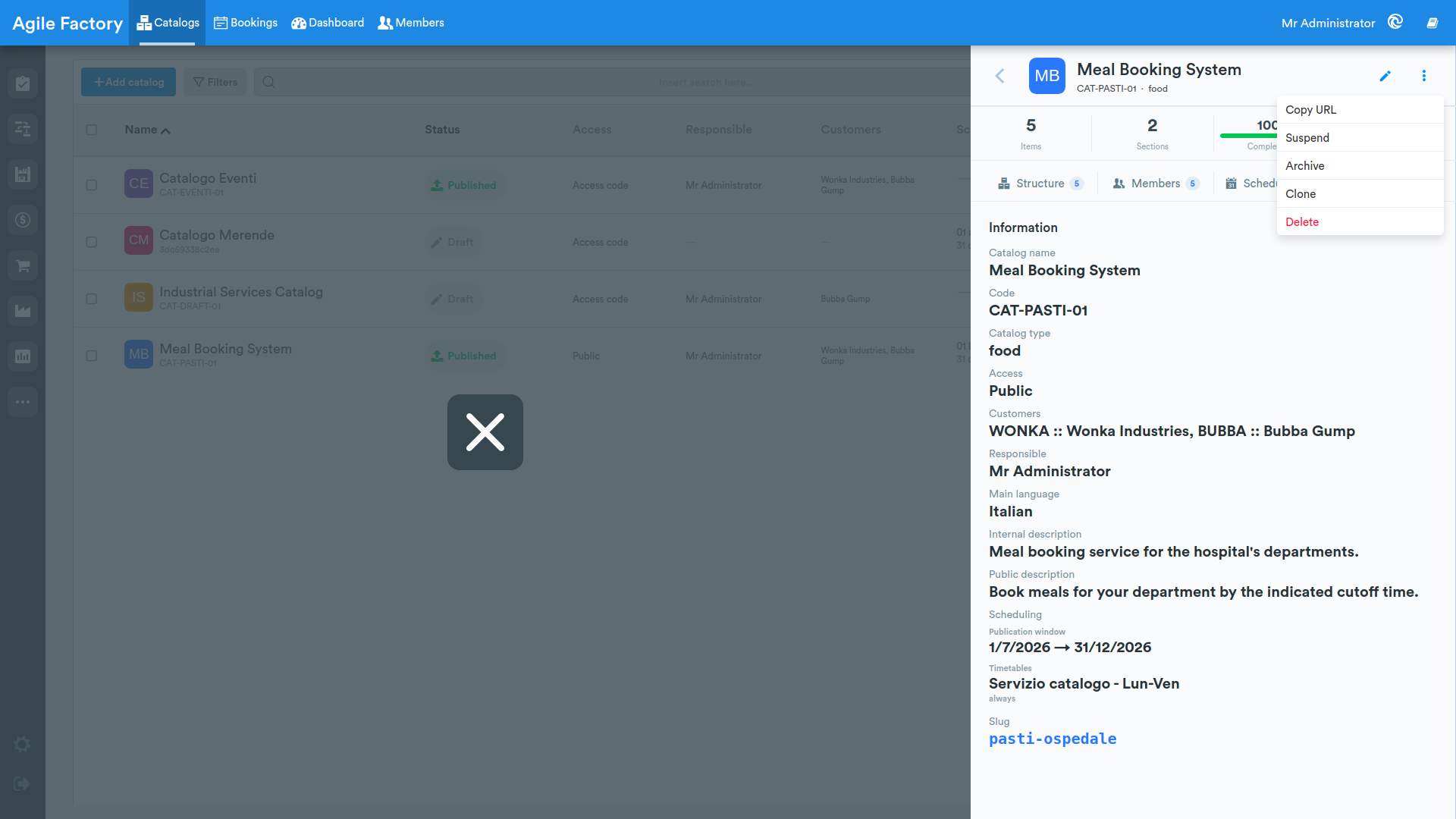 catalog actions menu