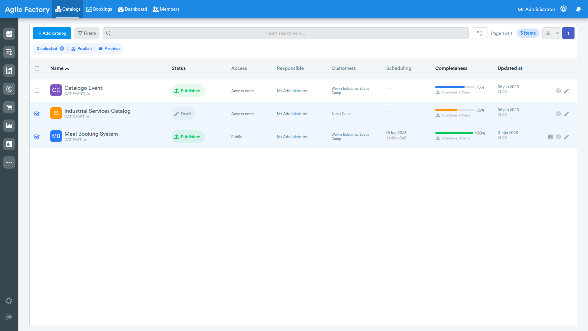 catalog bulk actions