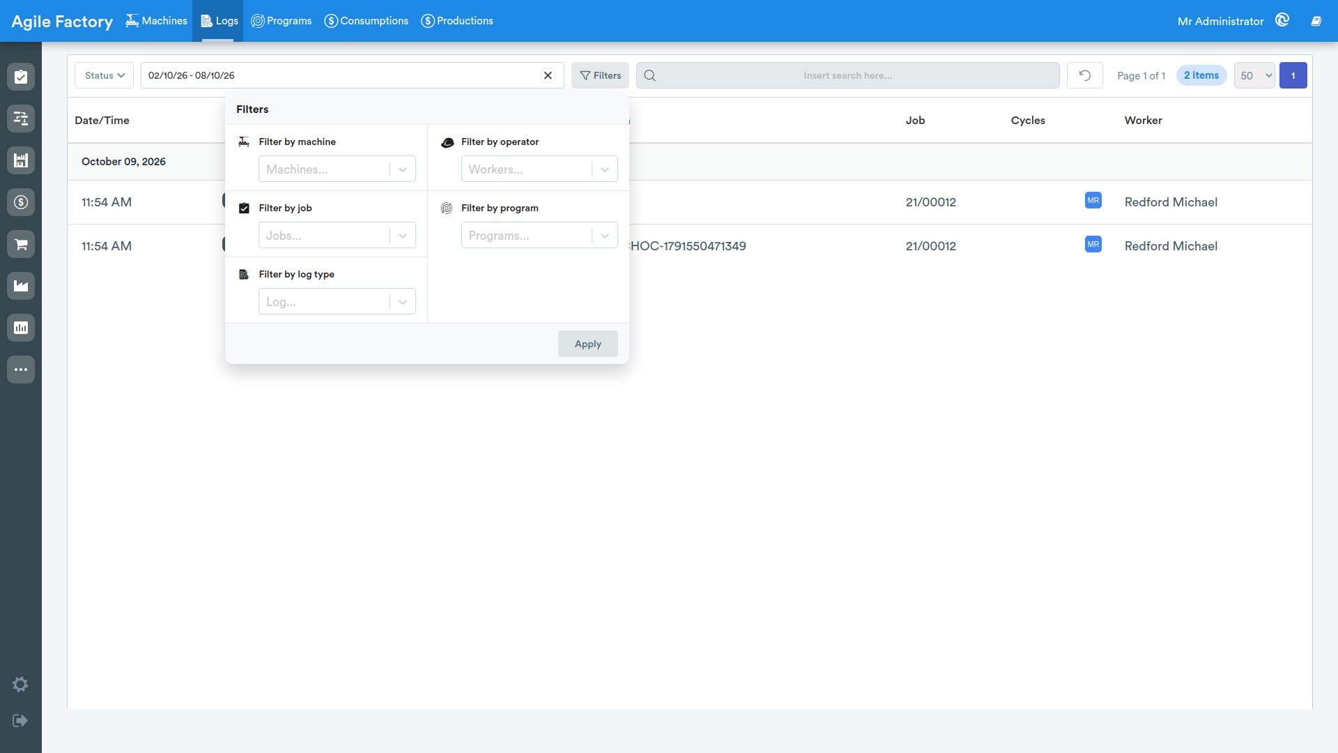 Machines logs filters