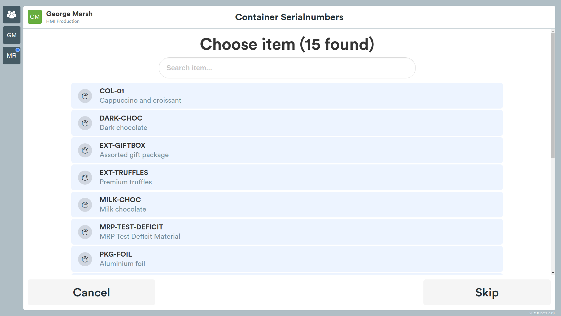 Containers > actions > choosing item